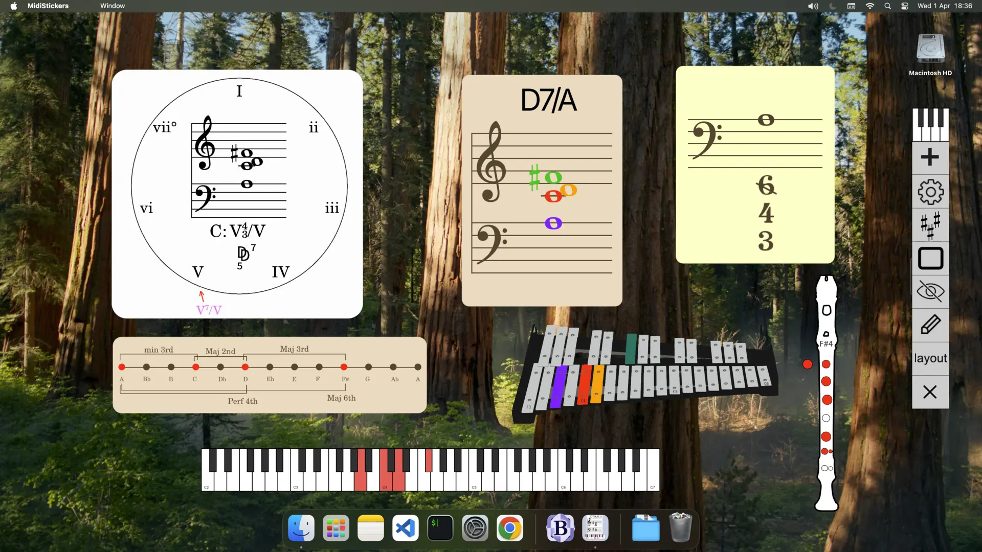 MidiStickers providing real-time MIDI keyboard visualization and harmonic analysis overlays for classroom demonstration