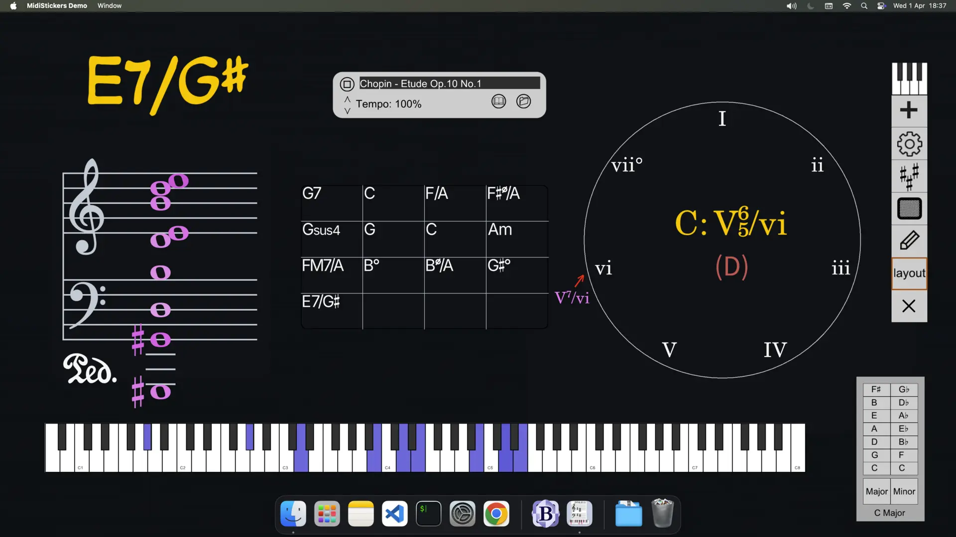 MIDI File chord analysis, displaying chord progressions and roman numeral analysis in real-time