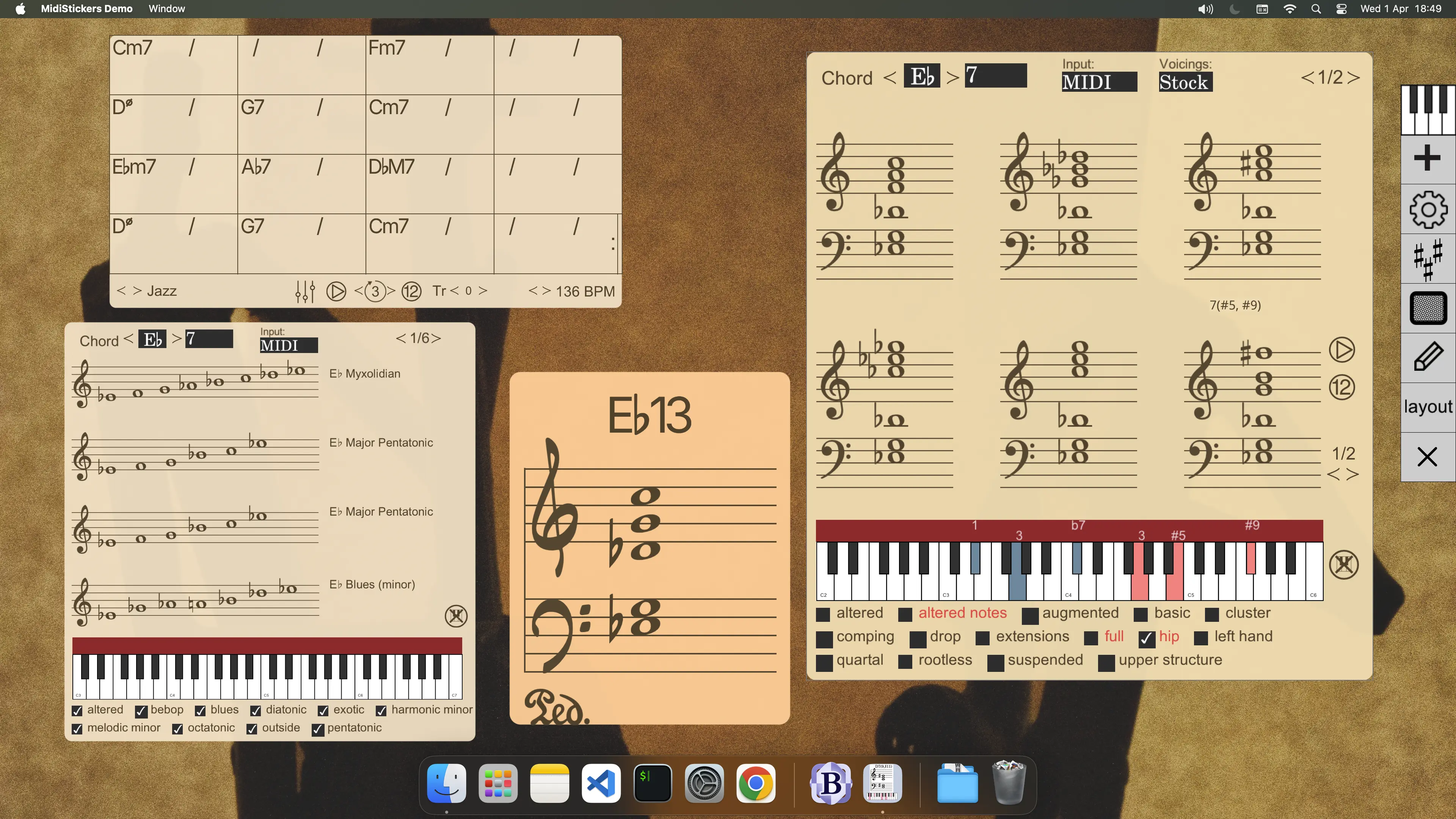 Jazz harmony tools: chord-scale relationships, voicings explorer, auto-accompaniment generator
