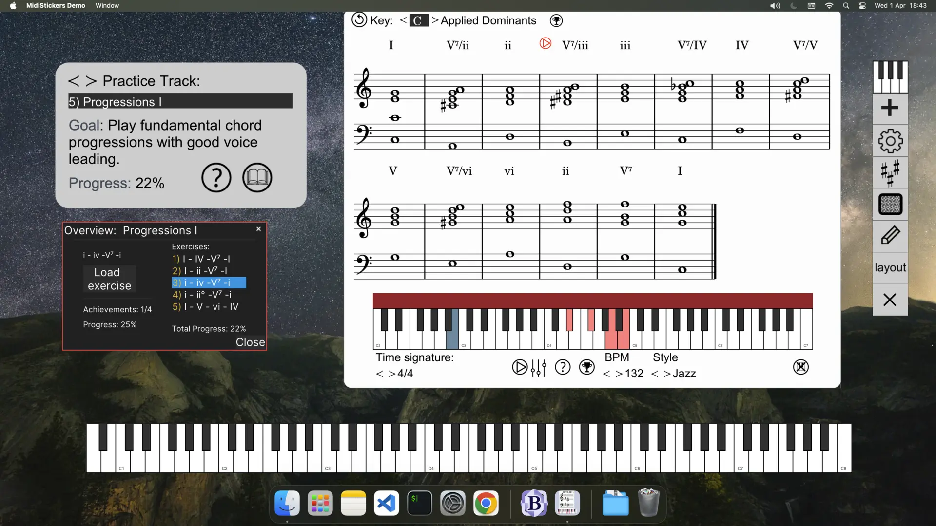 Guided practice for studying chord progressions with progress tracking