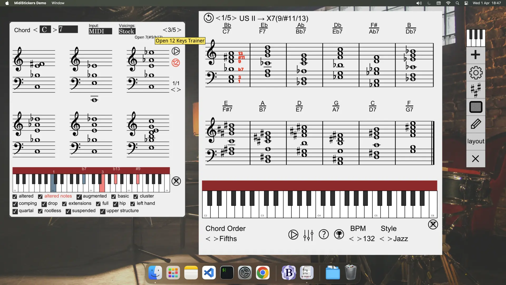 Jazz chord voicings explorer and 12-key chord practice tools