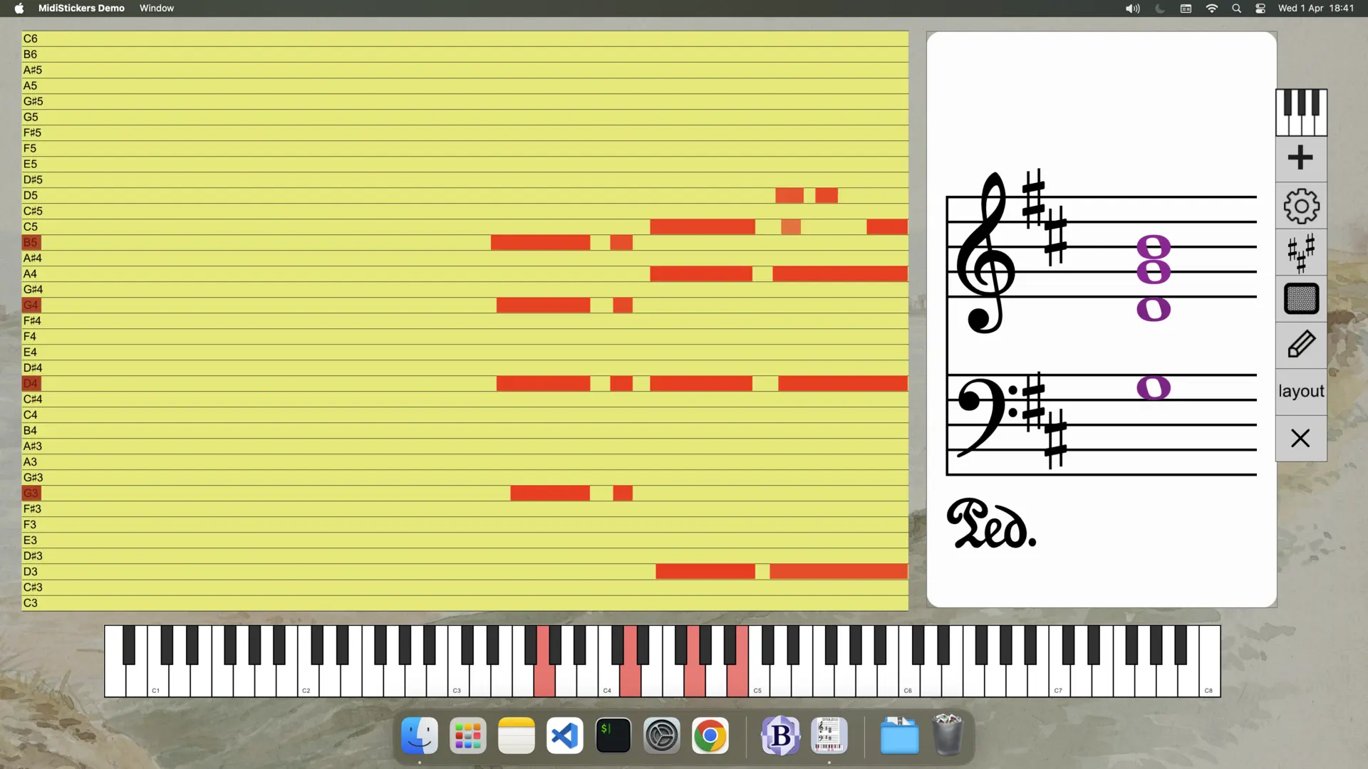 Piano Roll view with colors mapped to dynamics for accurate piano practice