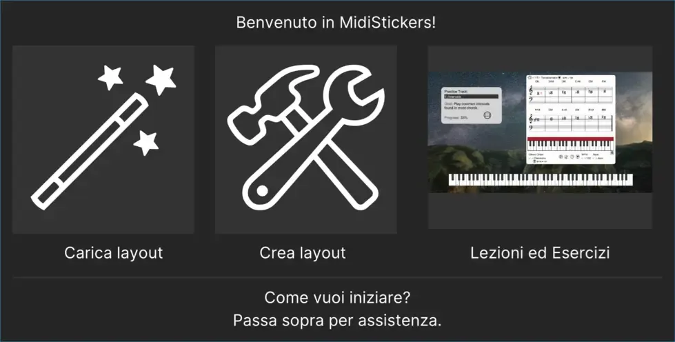 MidiStickers welcome screen in Italian localization