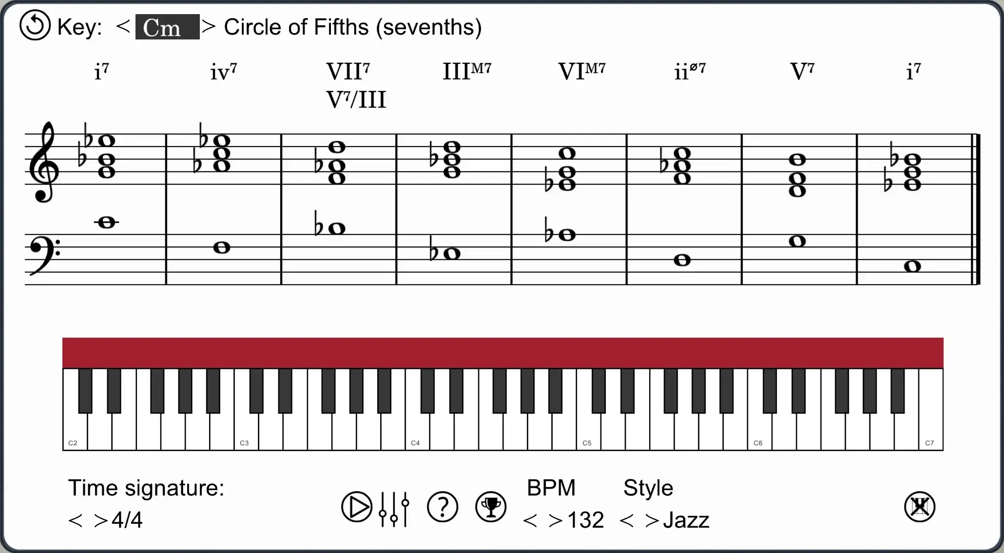 Chord Progression Trainer widget in MidiStickers with built-in accompaniment